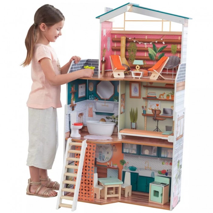 Casuta de papusi din lemn Marlow Dollhouse EZ Kraft Assembly cu lumini sunete si pat rabatabil Kidkraft